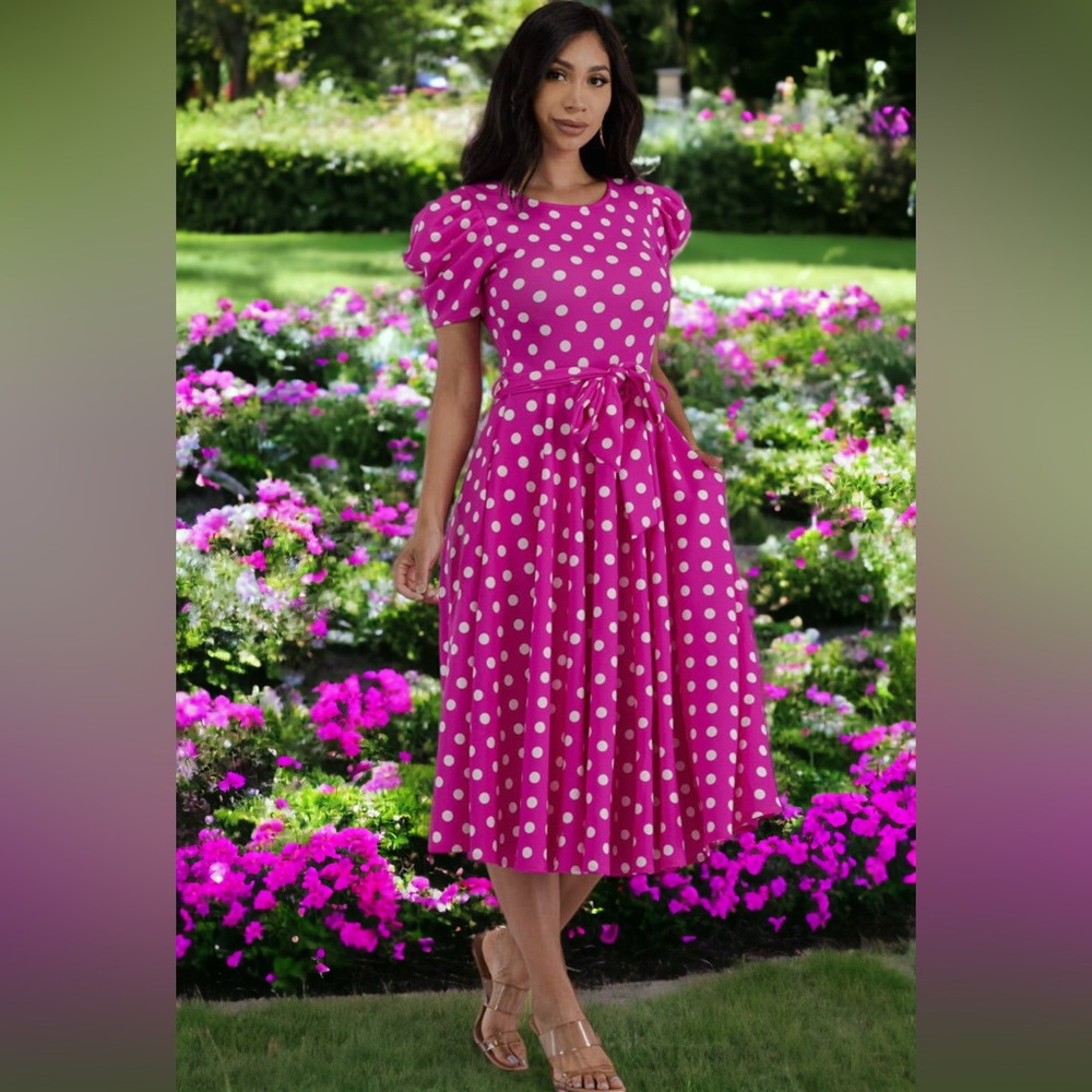 Puff Sleeve Polka Dot Cocktail Dress, Sizes 1X - 3X (Fuschia)